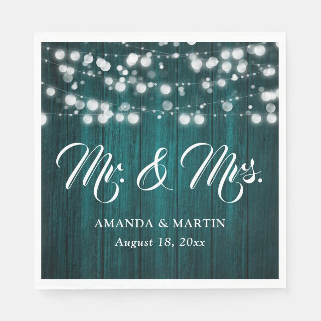Guardanapo De Papel Teal Rustic Wood String Lights Mr and Mrs Wedding (Frente)