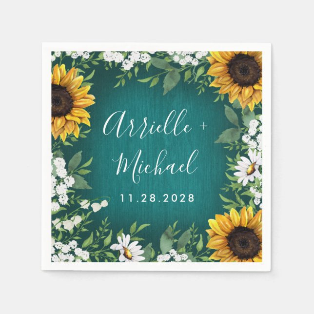 Guardanapo De Papel Teal Sunflower Country Rustic Wedkins (Frente)