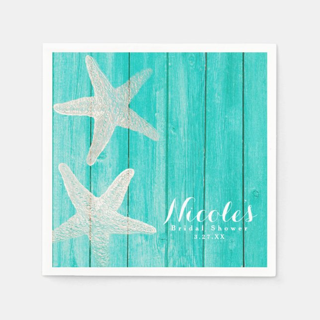 Guardanapo De Papel Teal Wood & Starfish Beach Chic Tropical Elegante (Frente)
