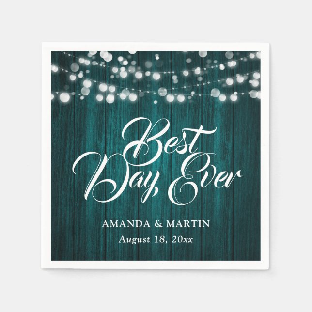 Guardanapo De Papel Teal Wood String Lights Rustic Wedding (Frente)