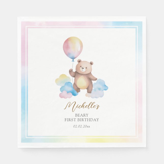 Guardanapo De Papel Teddy Bear Balloon Clouds Beary First Birthday (Frente)