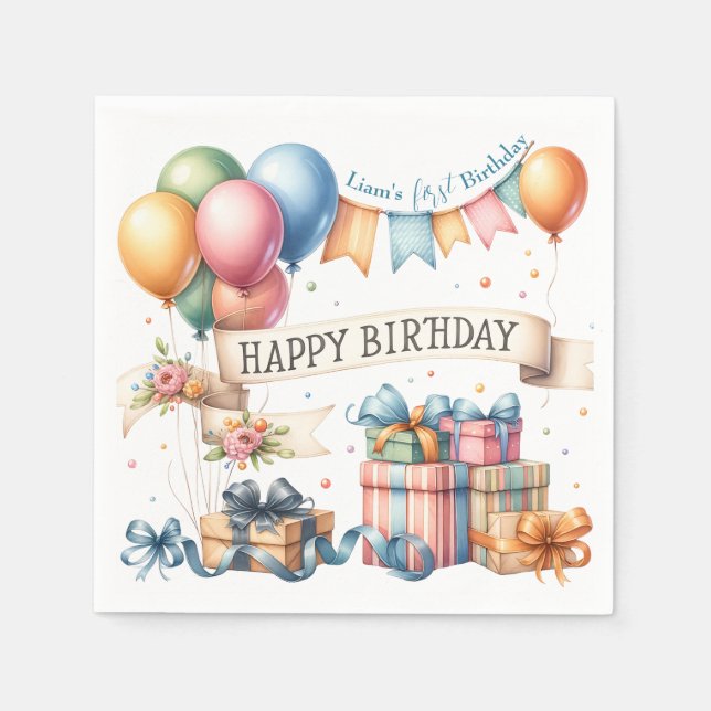 Guardanapo De Papel Teddy Bear Balões Crianças Foto Aniversário (Frente)