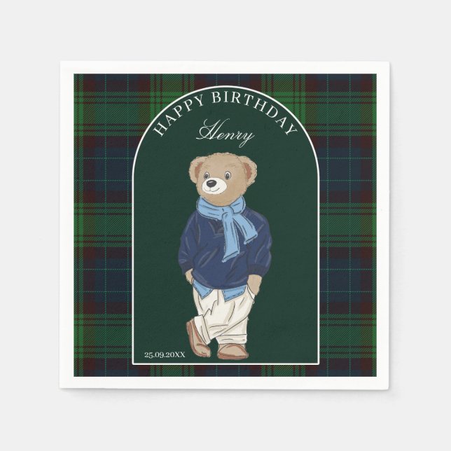 Guardanapo De Papel Teddy bear classic plaid birthday party custom (Frente)