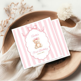 Guardanapo De Papel Teddy Bear Girls Pink Bow Stripes 1st Birthday