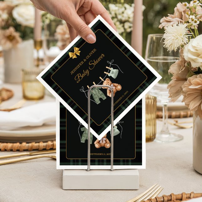 Guardanapo De Papel Teddy Bear Green Plaid Baby Shower  (Criador carregado)