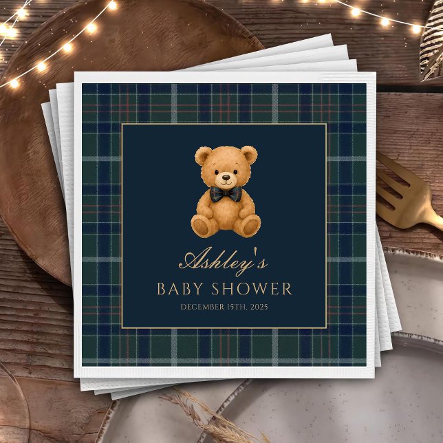 Guardanapo De Papel Teddy Bear Green Tartan Baby Shower Paper Napkin (Criador carregado)