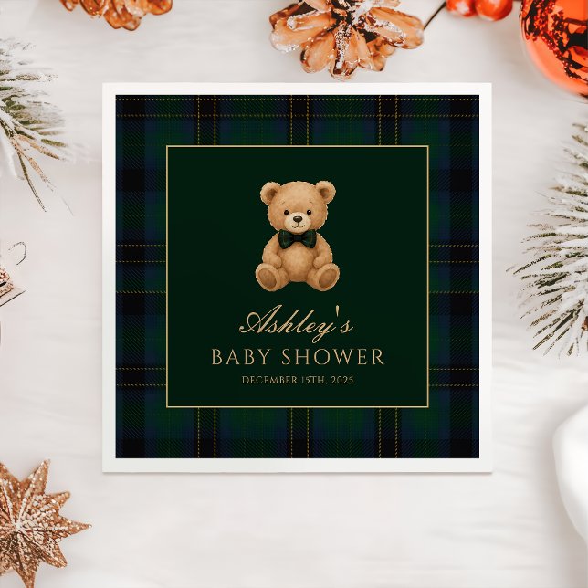 Guardanapo De Papel Teddy Bear Green Tartan Baby Shower Paper Napkin (Criador carregado)