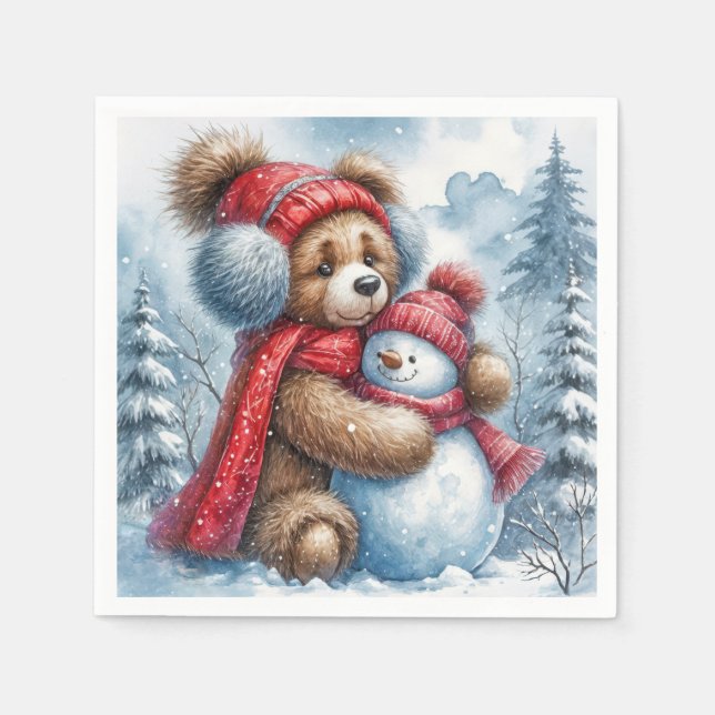 Guardanapo De Papel Teddy Bear Hugging a Snowman (Frente)