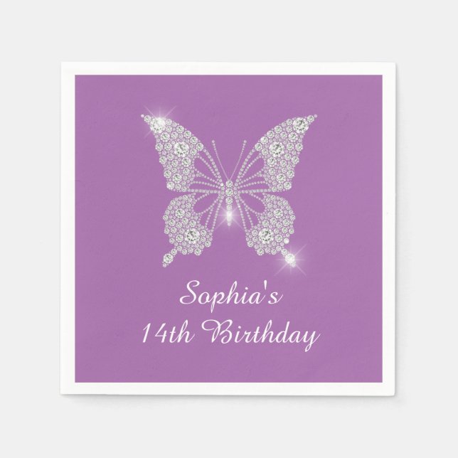 Guardanapo De Papel Teen Birthday Diamond Butterfly Name Age, Lavanda (Frente)