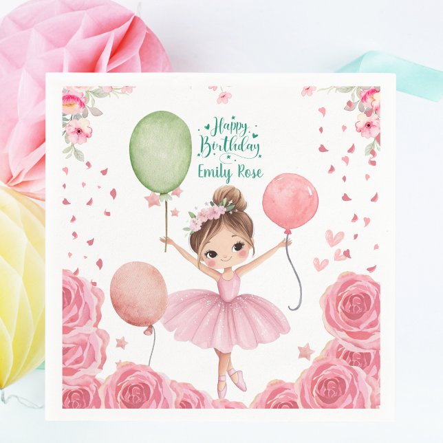 Guardanapo De Papel Tema de Ballet Rosa com Nome e Balões (Personalized Ballerina Birthday Party Napkins - Pink Ballet Theme with Name & Balloons)