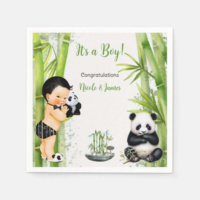 Guardanapo De Papel Tema Panda Bambu Bebê Menino Preto Branco Verde (Frente)