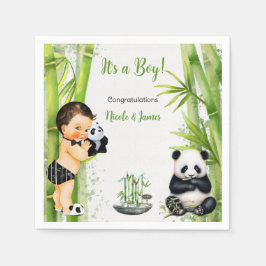 Guardanapo De Papel Tema Panda Bambu Bebê Menino Preto Branco Verde
