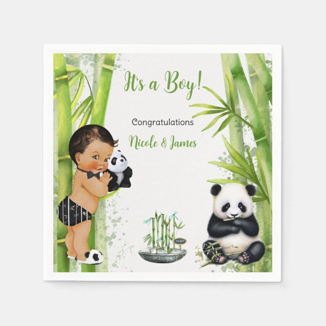 Guardanapo De Papel Tema Panda Bambu Bebê Menino Preto Branco Verde (Frente)