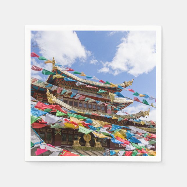 Guardanapo De Papel Templo Tibetano com bandeiras de oração - Yunnan,  (Frente)