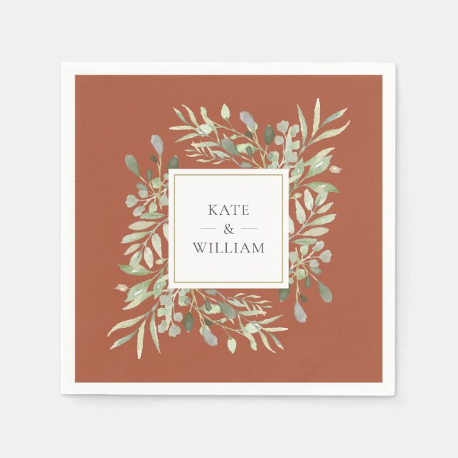 Guardanapo De Papel Terracotta Verde Água Folhagem Dourado (Frente)