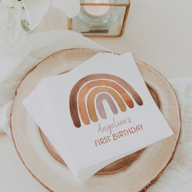 Guardanapo De Papel Terreno Tone Aquarela Arco-Íris Primeiro Aniversár (Criador carregado)