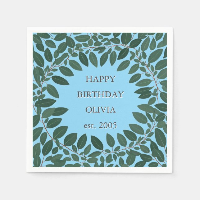 Guardanapo De Papel Texto personalizado eucalyptus Frame Napkin - azul (Frente)