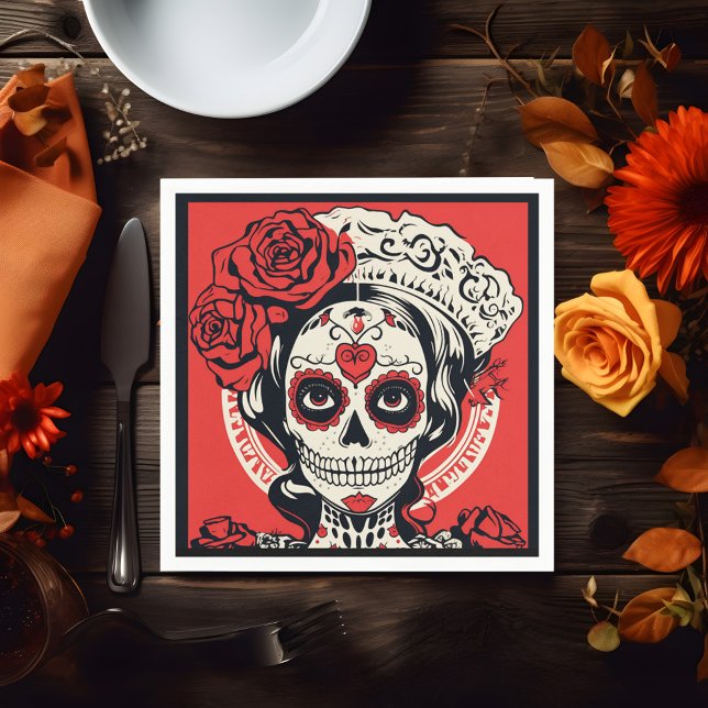Guardanapo De Papel Texto personalizado 💀 Pop Art Calavera vermelho e (Custom text 💀 Pop Art Calavera red & white Napkins)