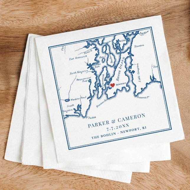 Guardanapo De Papel The Bohlin Wedding Newport RI Map  (The Bohlin Wedding Cocktail Napkins Newport Yachting Center Narragansett Bay Coastal Map Designs)