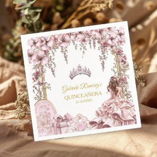 Guardanapo De Papel Tiaro Floral Quinceañera Dourado e Rosa Bege