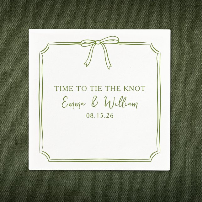Guardanapo De Papel "Tie The Knot" Arco Elegante Casamento Oleícola Si (Perfect for "Tying the Knot," these olive green napkins with a chic bow design can be customized!)