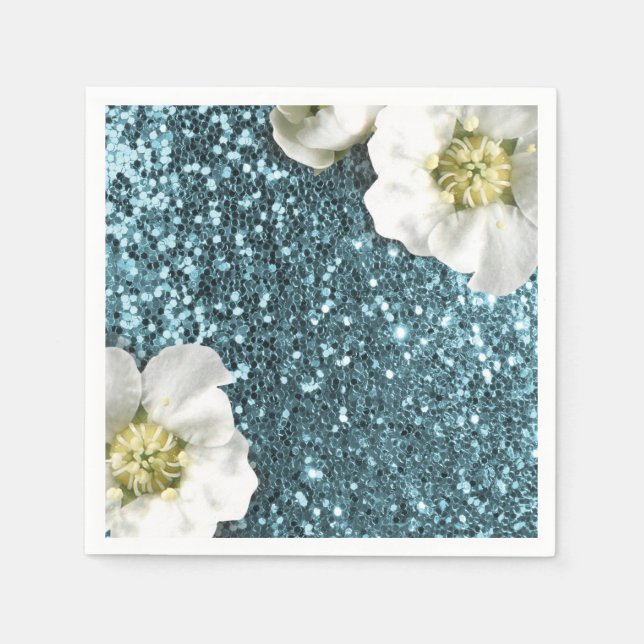 Guardanapo De Papel Tiffany Aqua Beach Blue Jasmine Sequence Glitter (Frente)