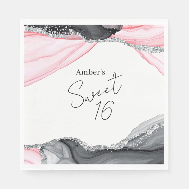 Guardanapo De Papel Tinta-Chic e Mármore Negro Doce 16 Festa de aniver (Frente)