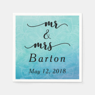 Guardanapo De Papel Tipografia de Casamento Mandala Azul e Verde "Sr &