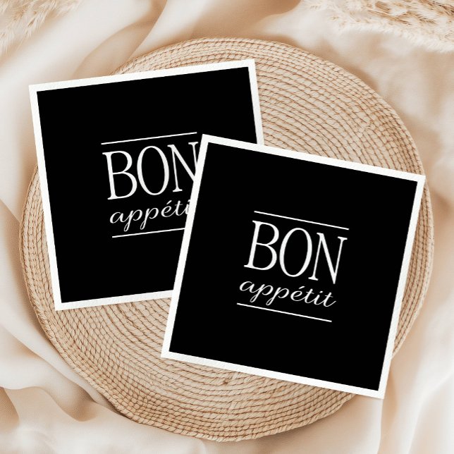 Guardanapo De Papel TIpografia negra e branca BON APPETITIT (BON APPETIT Black & White Kitchen Quote Typography Paper Napkins)