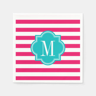Guardanapo De Papel Tiras Rosa Quente com Monograma Teal