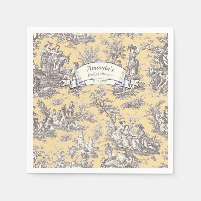 Guardanapo De Papel Tóile de jouy, cinza floral amarelo (Frente)