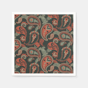 Guardanapo De Papel Tradicional Paisley Linocut Laranja Quente Verde