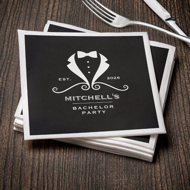 Guardanapo De Papel Traje de Smoking Preto para Despedida de Solteiro  (Bachelor Party Tuxedo Suit Bowtie Black Wedding Napkins
)