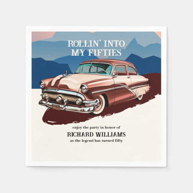 Guardanapo De Papel Travel Retro Classic Car Theme 50th Birthday (Frente)