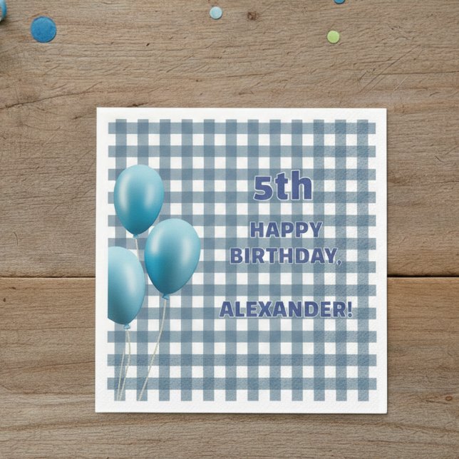 Guardanapo De Papel Trendy Gingham Blue 5th Birthday Personalized (Criador carregado)