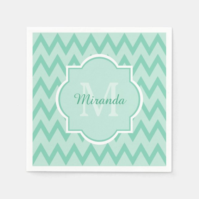 Guardanapo De Papel Trendy Mint Green Chevron Zigzag Nome e Monograma (Frente)