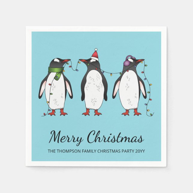 Guardanapo De Papel Três pinguins festivos de Natal com texto personal (Frente)