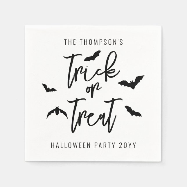 Guardanapo De Papel Tricky Or Treat Script Preto Com Morcegos Hallowee (Frente)