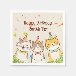 Guardanapo De Papel Trío Adorável de Gatos de Aniversário | Nome e Ida