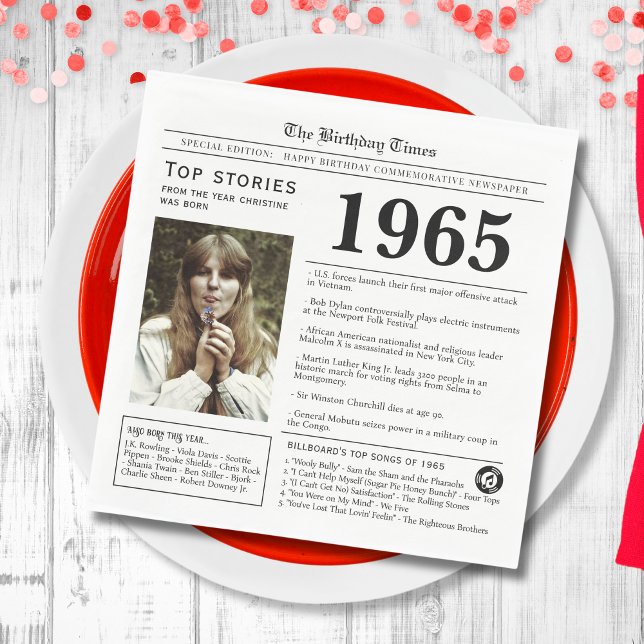 Guardanapo De Papel Trivia de aniversário do jornal de 1965 (White napkin with world news fun facts from 1965 in a newspaper design, unique personal party decor)
