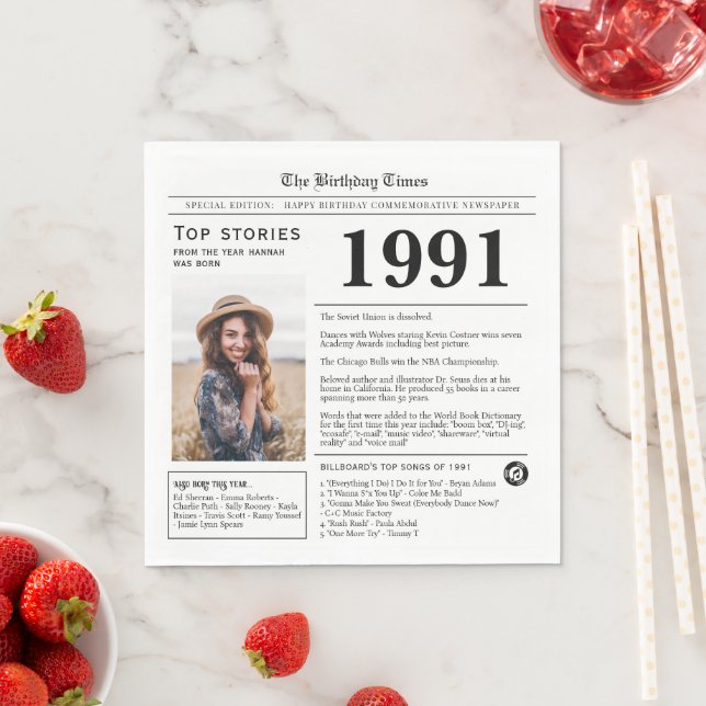 Guardanapo De Papel Trivia de aniversário do jornal de 1991 (Insitu)