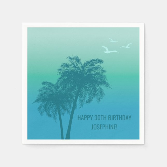 Guardanapo De Papel Tropical Aqua Blue Palm Trees Happy Birthday (Frente)