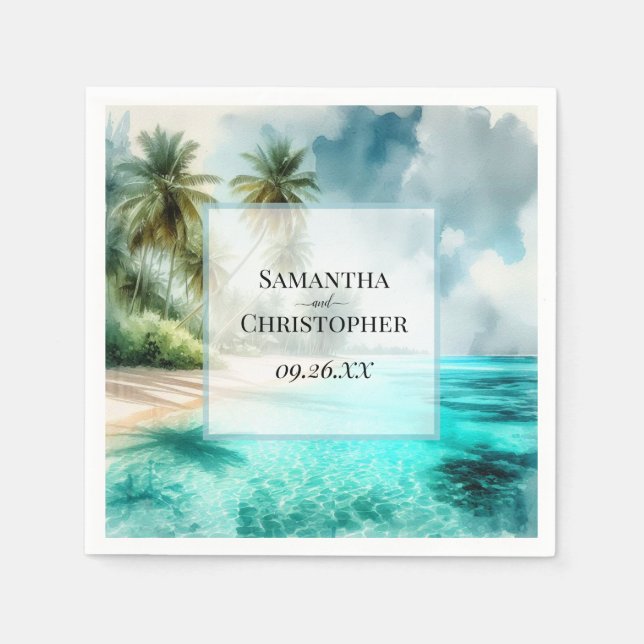 Guardanapo De Papel Tropical Beach Watercolor Elegant Coastal Wedding (Frente)