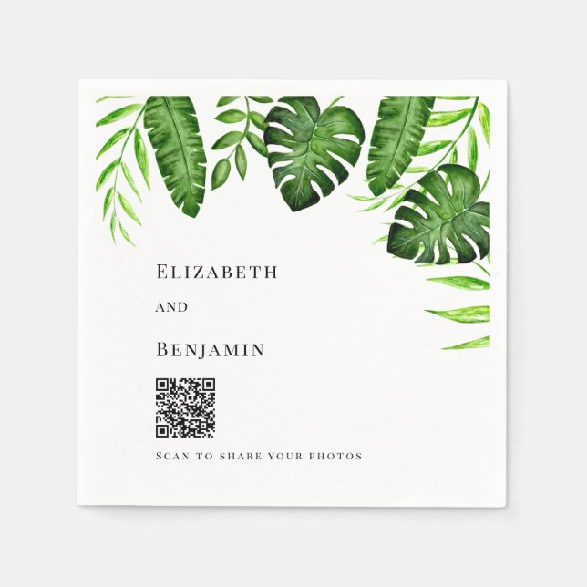 Guardanapo De Papel Tropical Greenery Wedding QR Code Photo Share (Frente)