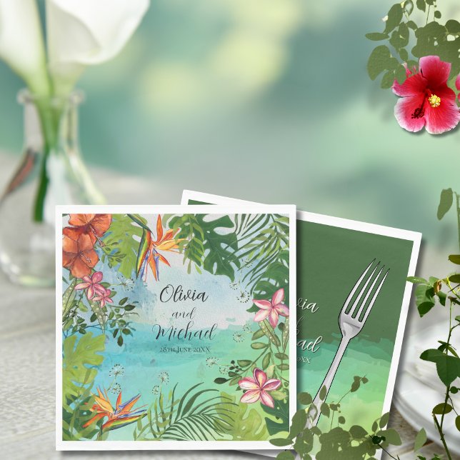 Guardanapo De Papel Tropical Wedding  Watercolor Hibiscus Palm Green (Tropical Wedding Watercolor Hibiscus Palm Green Napkins)