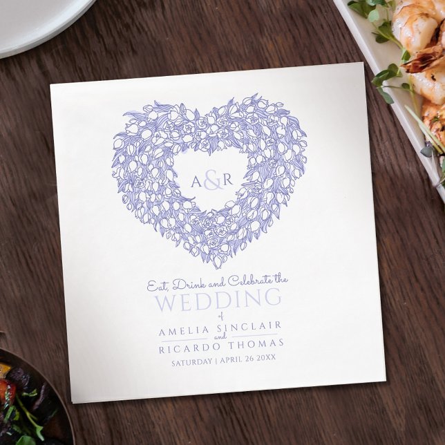 Guardanapo De Papel Tulip wreath ink desenho monograma azul (Criador carregado)