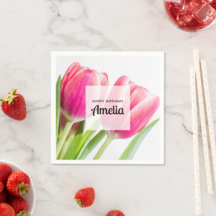 Guardanapo De Papel Tulipas cor-de-rosa com folhas verdes Foto de aniv