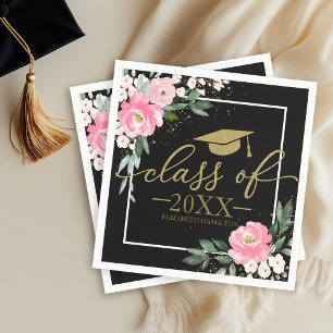 Guardanapo De Papel Turma De 2025 Floral Rosa Grad Party Preto