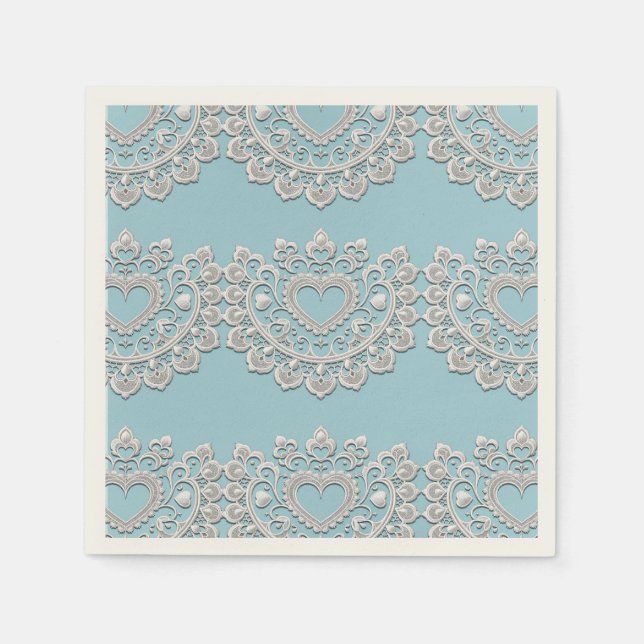 Guardanapo De Papel Turquesa Azul Branco Renda Coração Casamento Noiva (Frente)