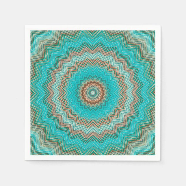 Guardanapo De Papel Turquesa, padrão circular bege. Mandala. (Frente)